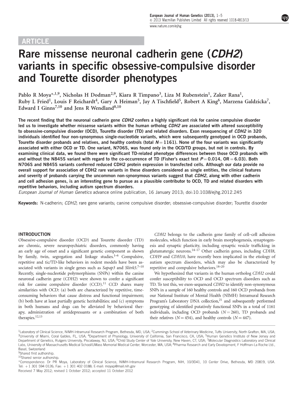 Rare Missense Neuronal Cadherin Gene (CDH2) Variants in Specific