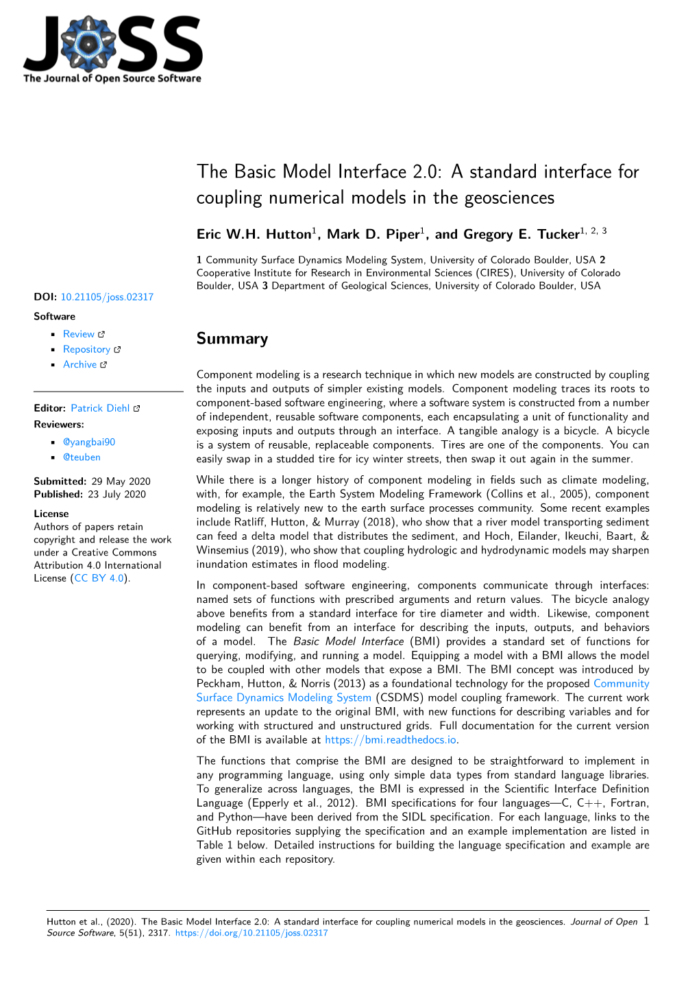 A Standard Interface for Coupling Numerical Models in the Geosciences