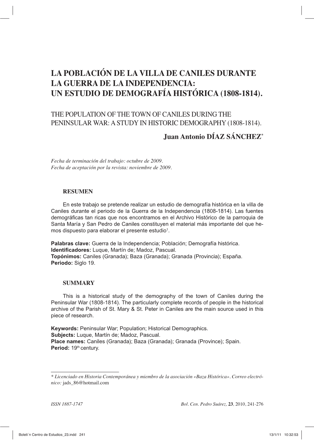 La Población De La Villa De Caniles Durante La Guerra De La Independencia: Un Estudio De Demografía Histórica (1808-1814)