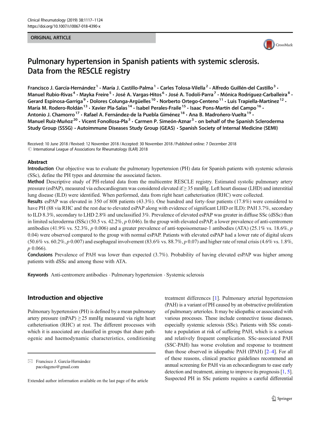 Pulmonary Hypertension in Spanish Patients with Systemic Sclerosis