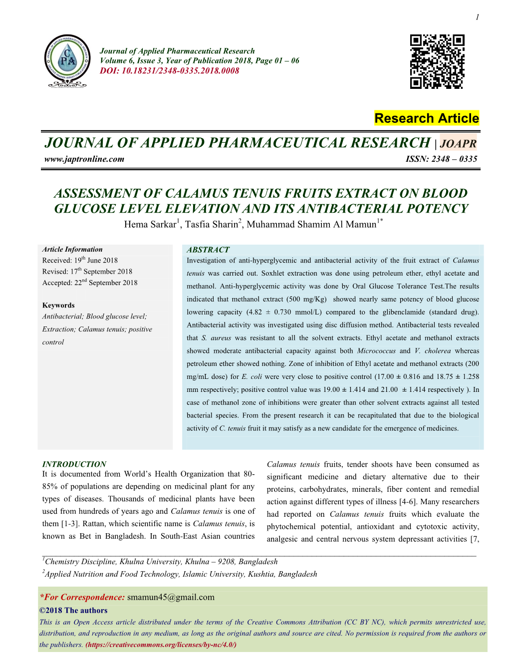 Journal of Applied Pharmaceutical Research Volume 6, Issue 3, Year of Publication 2018, Page 01 Œ 06 DOI: 10.18231/2348-0335.2018.0008