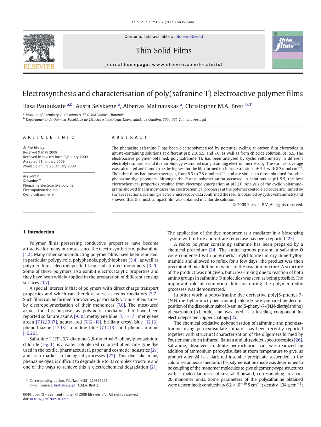 Electrosynthesis and Characterisation of Poly(Safranine T) Electroactive Polymer ﬁlms