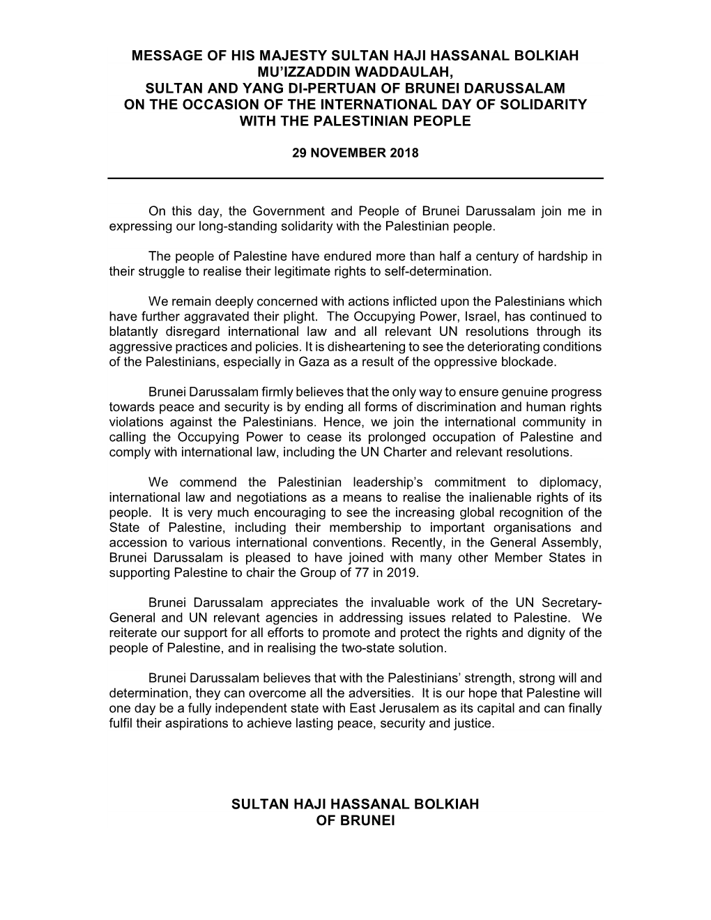 Brunei Darussalam on the Occasion of the International Day of Solidarity with the Palestinian People