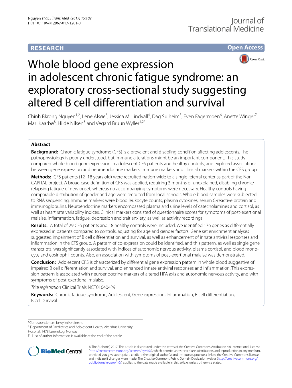 Whole Blood Gene Expression in Adolescent Chronic Fatigue Syndrome