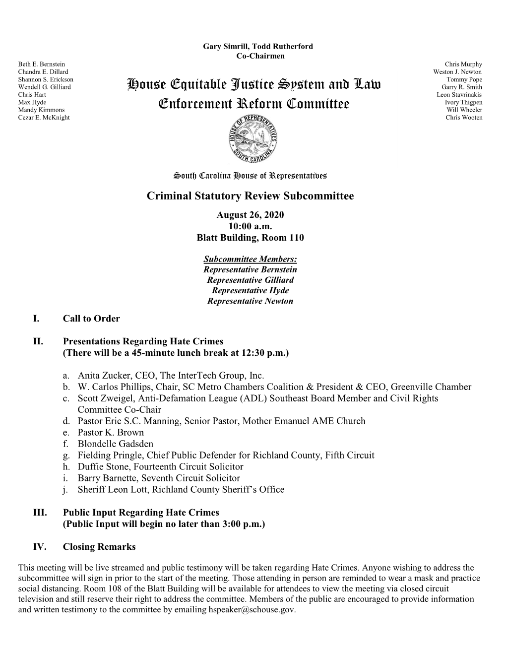 House Equitable Justice System and Law Enforcement Reform Committee