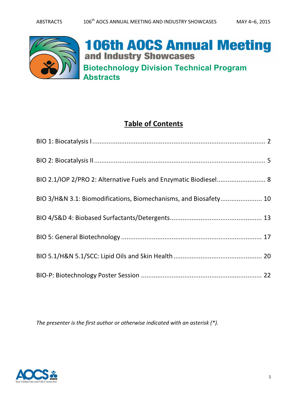 Table of Contents Biotechnology Division Technical Program Abstracts