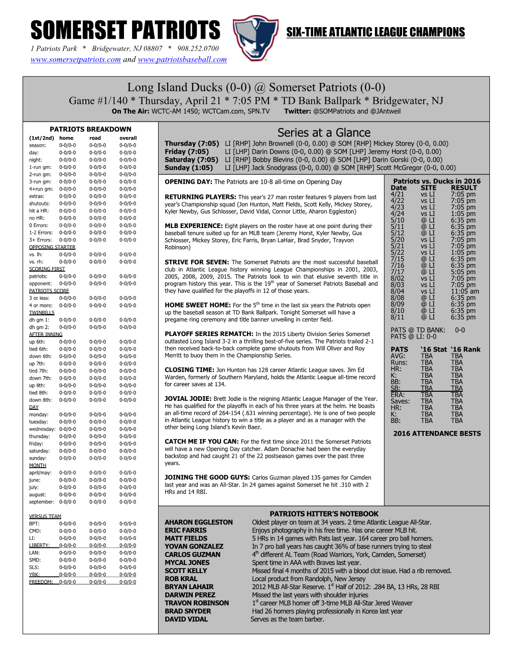 SOMERSET PATRIOTS SIX-TIME ATLANTIC LEAGUE CHAMPIONS 1 Patriots Park * Bridgewater, NJ 08807 * 908.252.0700 And