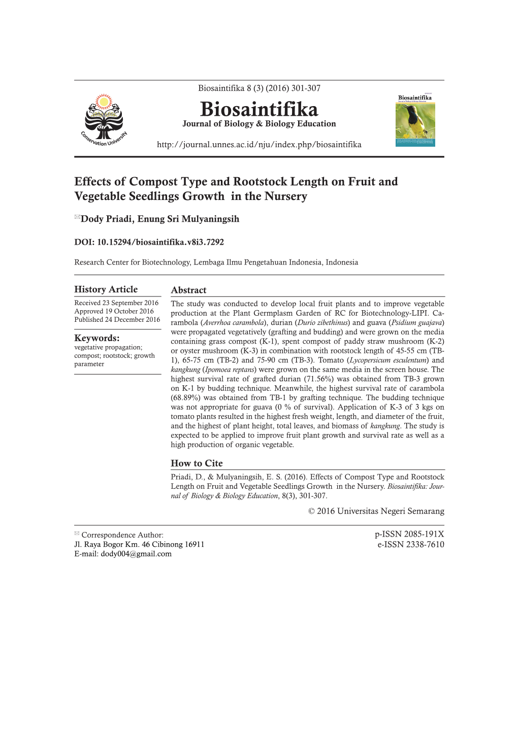 Biosaintifika 8 (3) (2016) 301-307 Biosaintifika Journal of Biology & Biology Education