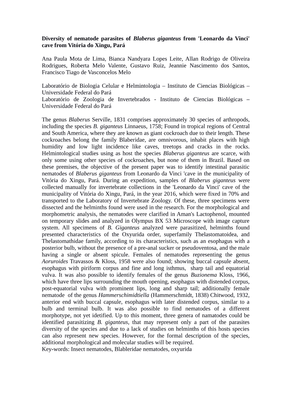 Diversity of Nematode Parasites of Blaberus Giganteus from 'Leonardo Da Vinci' Cave from Vitória Do Xingu, Pará