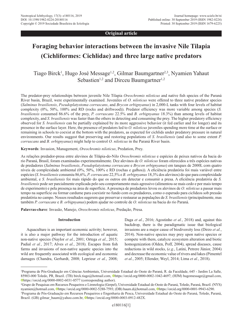 Foraging Behavior Interactions Between the Invasive Nile Tilapia (Cichliformes: Cichlidae) and Three Large Native Predators