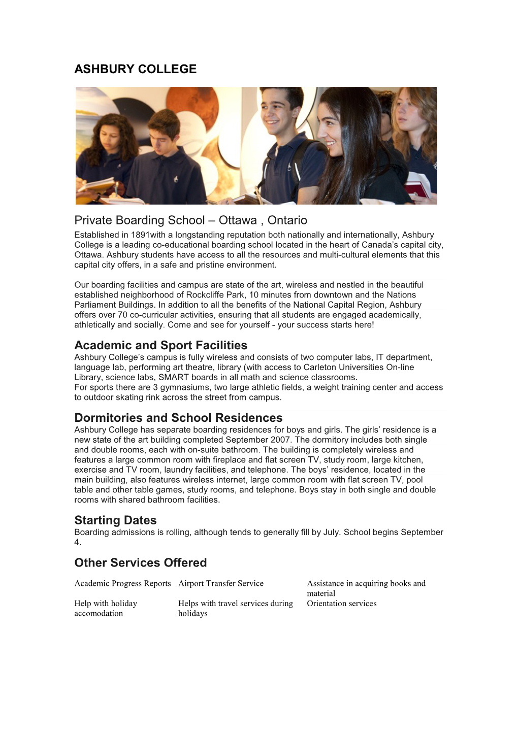 ASHBURY COLLEGE Private Boarding School – Ottawa , Ontario