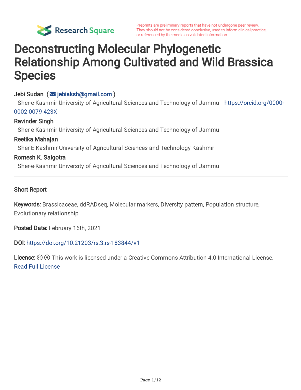 Deconstructing Molecular Phylogenetic Relationship Among Cultivated and Wild Brassica Species