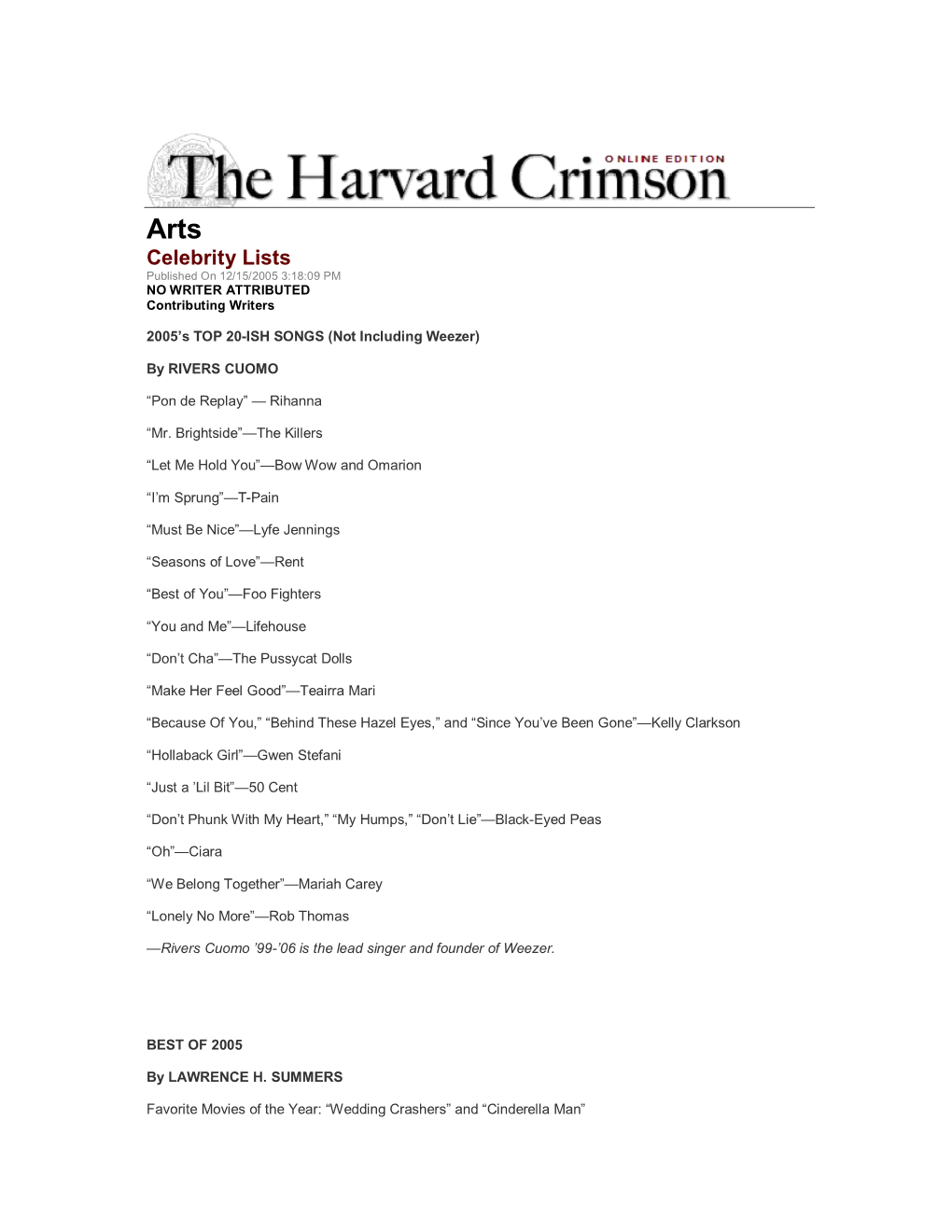 Celebrity Lists. the Harvard Crimson, December 15