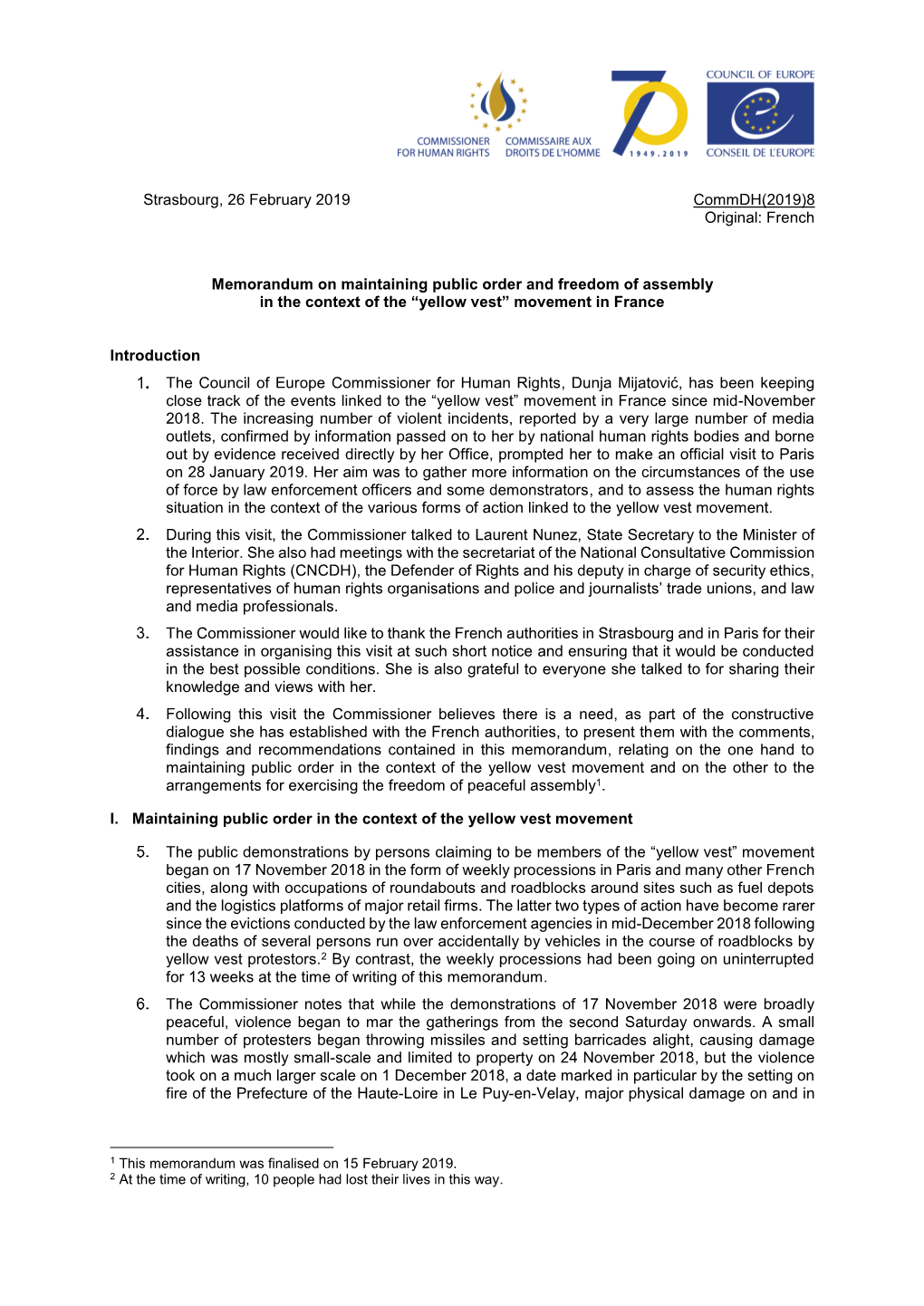 Memorandum on Maintaining Public Order and Freedom of Assembly in the Context of the “Yellow Vest” Movement in France