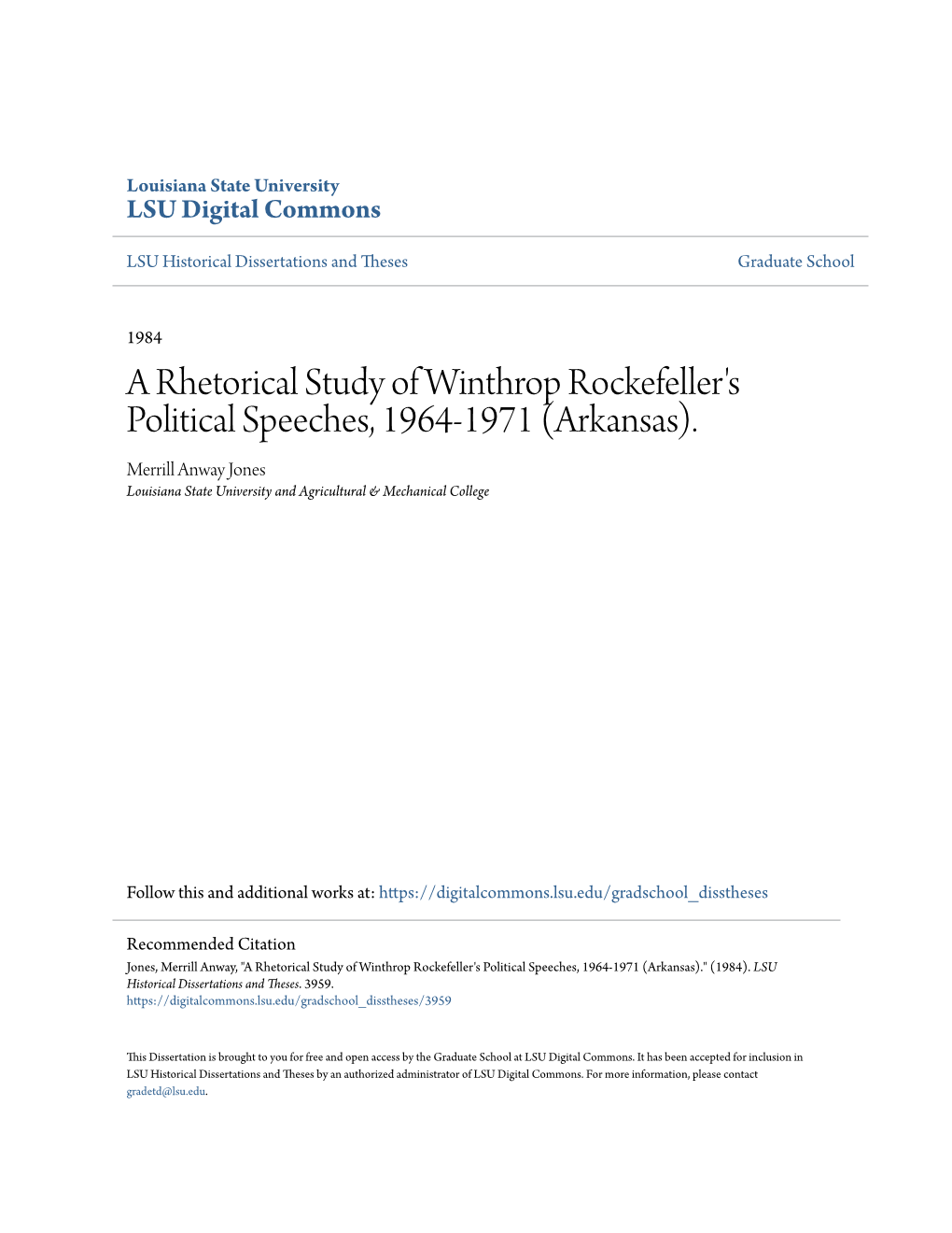 A Rhetorical Study of Winthrop Rockefeller's Political Speeches, 1964-1971 (Arkansas)