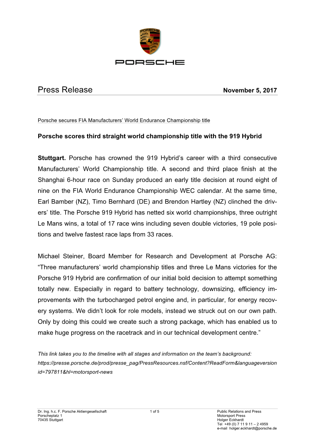 Press Release November 5, 2017