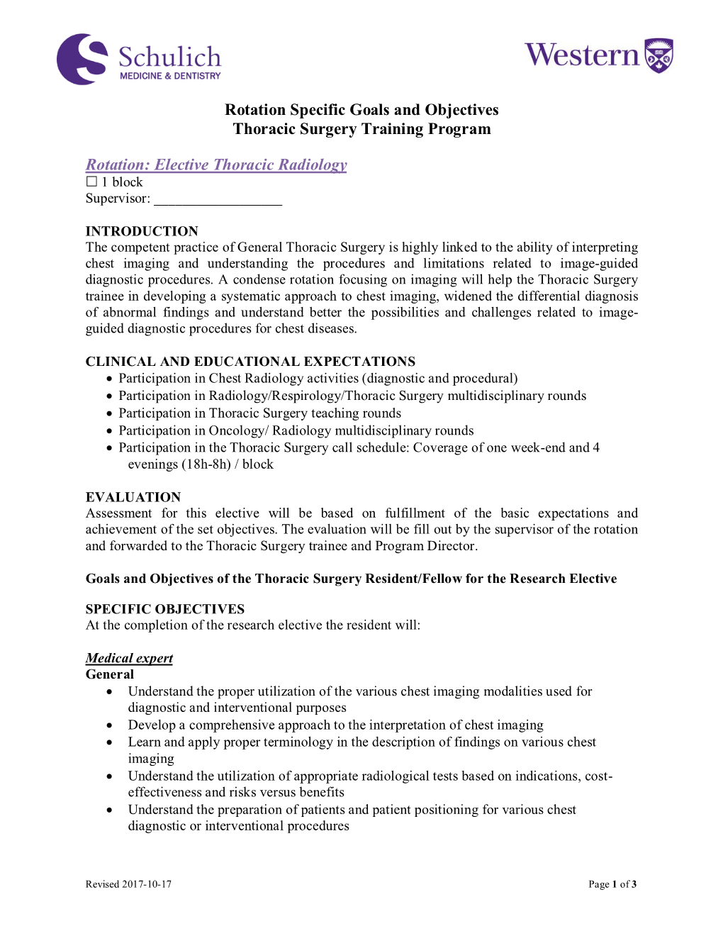 Rotation: Elective Thoracic Radiology  1 Block Supervisor: ______