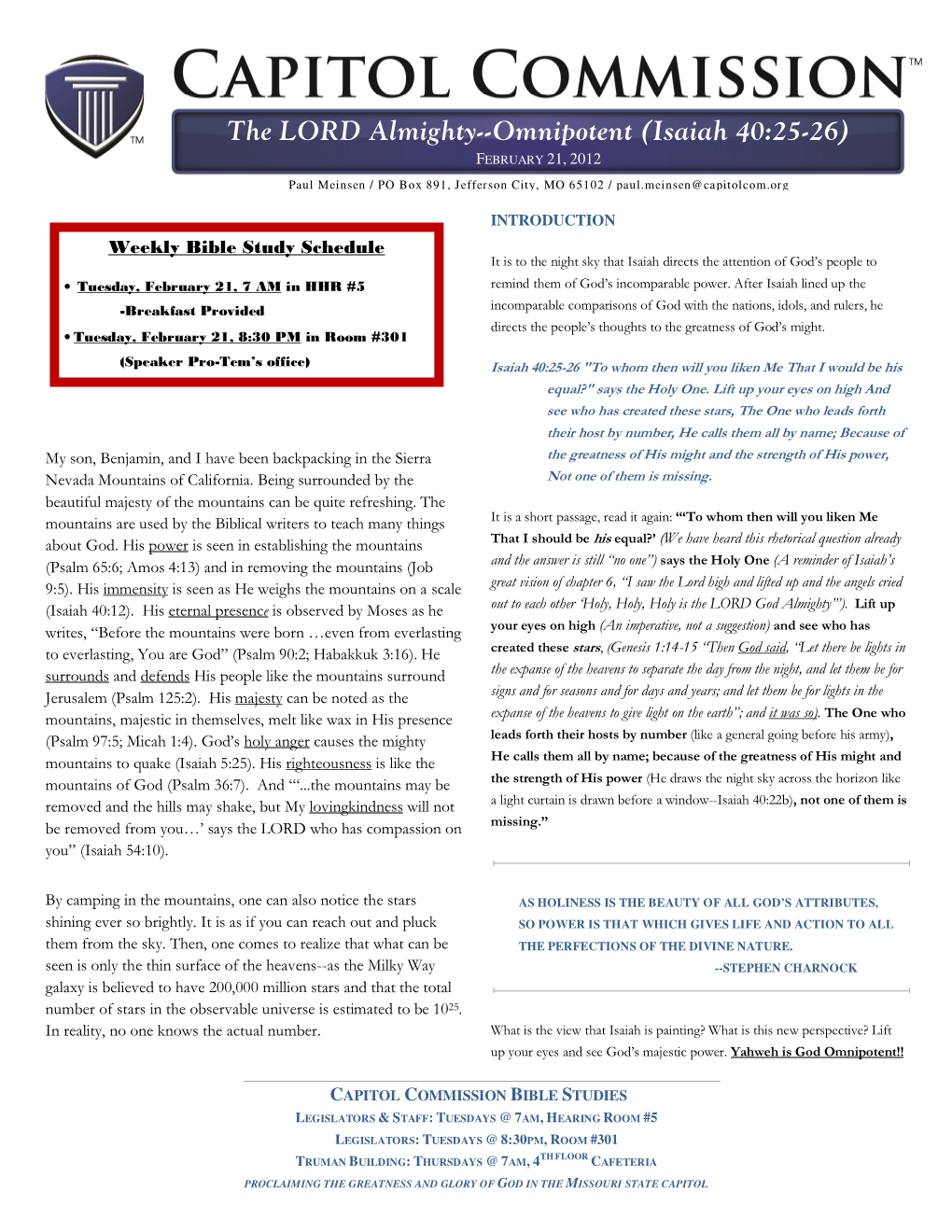 The LORD Almighty--Omnipotent (Isaiah 40:25-26) FEBRUARY 21 , 2012 Paul Meinsen / PO Box 891 , Jefferson City, MO 65102 / Paul.Meinsen@Capitolcom.Org
