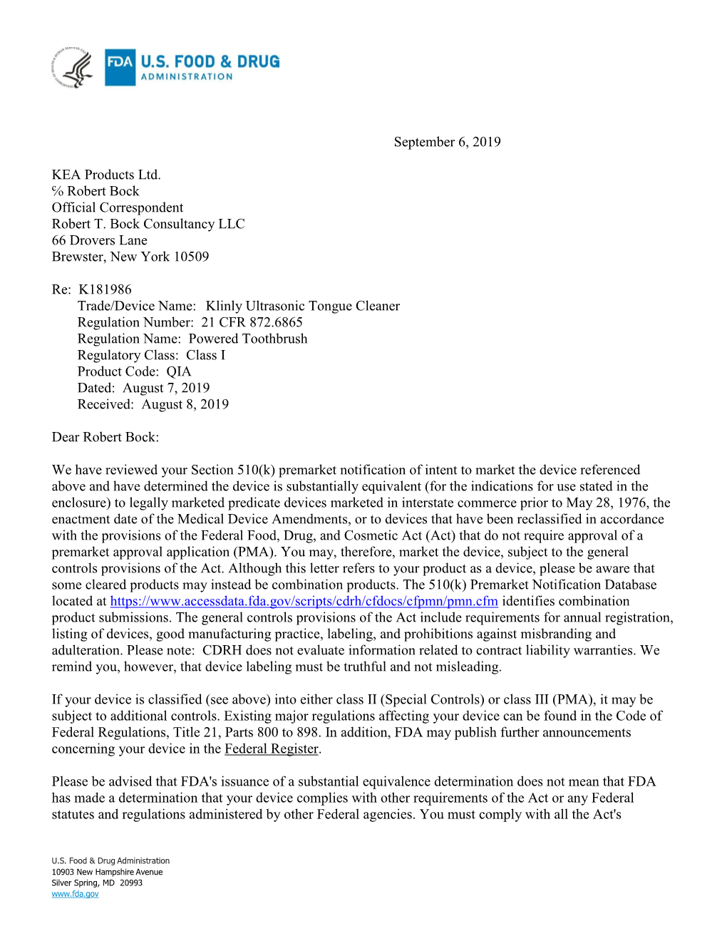 September 6, 2019 KEA Products Ltd. Robert Bock Official Correspondent Robert T. Bock Consultancy LLC 66 Drovers Lane Brewst