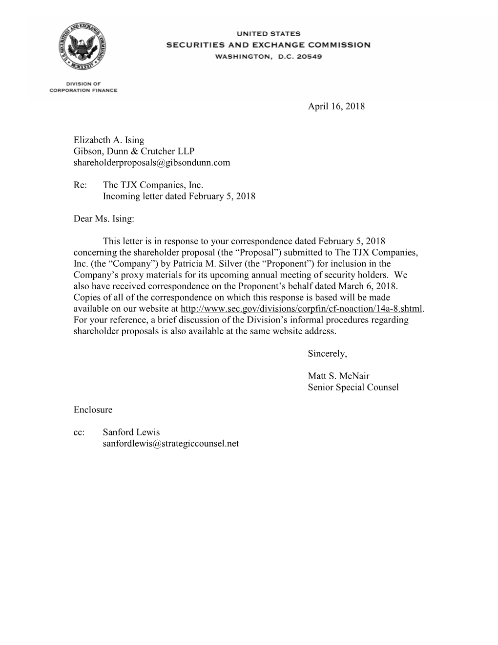 The TJX Companies, Inc. Incoming Letter Dated February 5, 2018