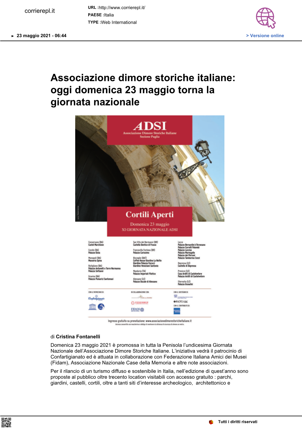 Associazione Dimore Storiche Italiane: Oggi Domenica 23 Maggio Torna La Giornata Nazionale