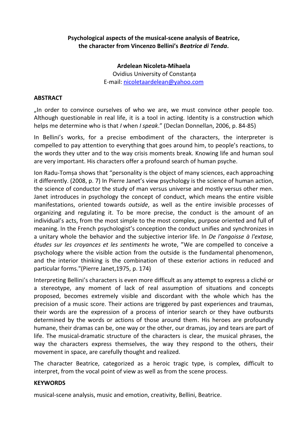 Psychological Aspects of the Musical-Scene Analysis of Beatrice, the Character from Vincenzo Bellini’S Beatrice Di Tenda