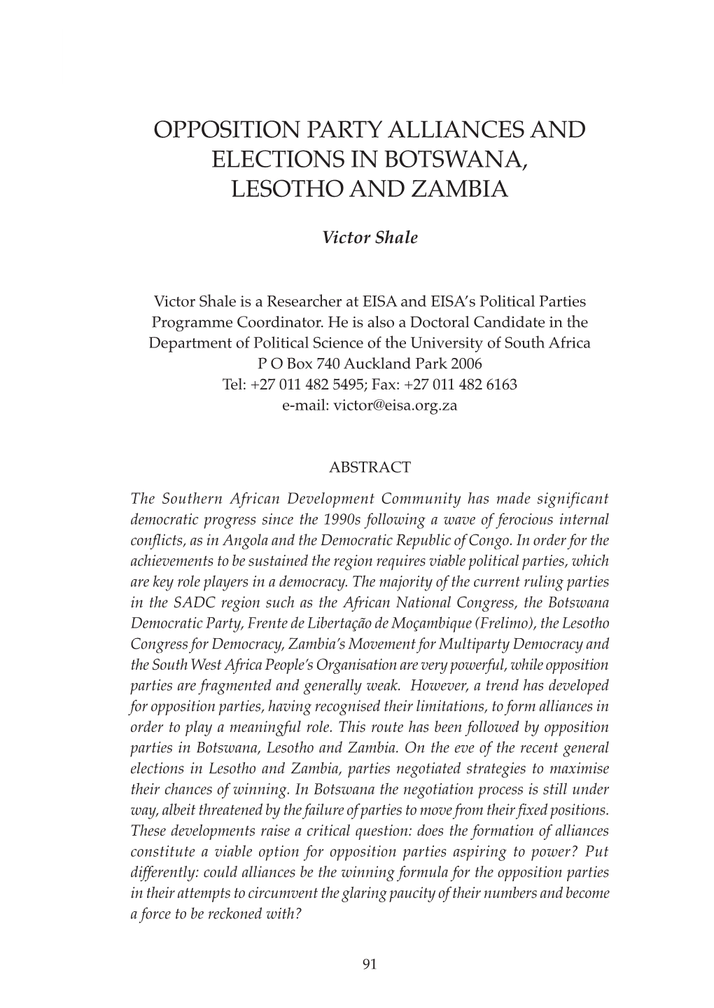 Opposition Party Alliances and Elections in Botswana, Lesotho and Zambia