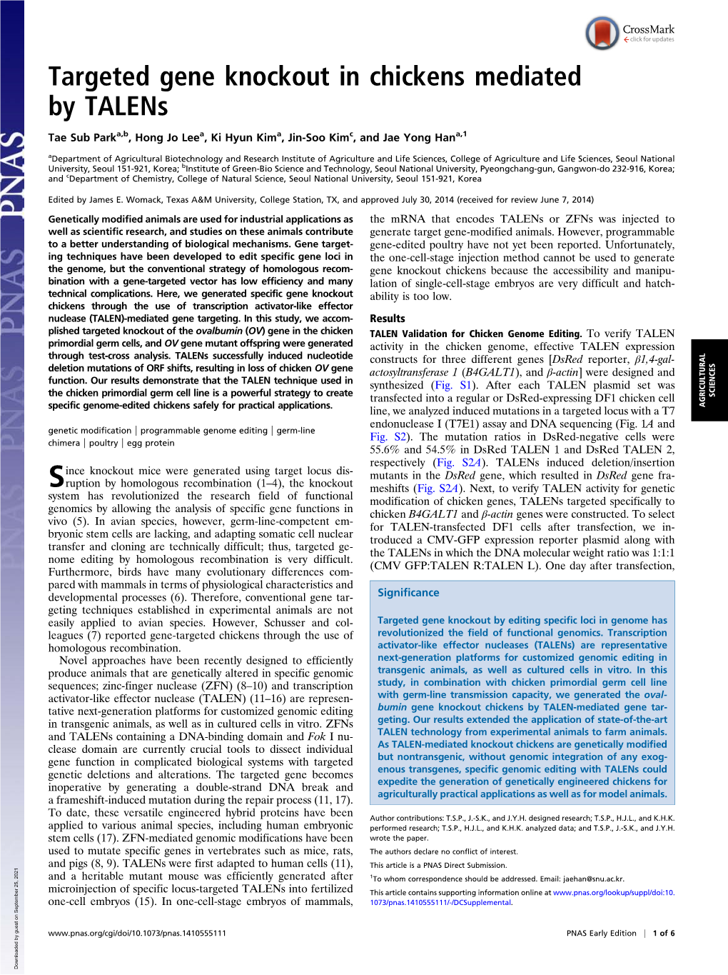 Targeted Gene Knockout in Chickens Mediated by Talens