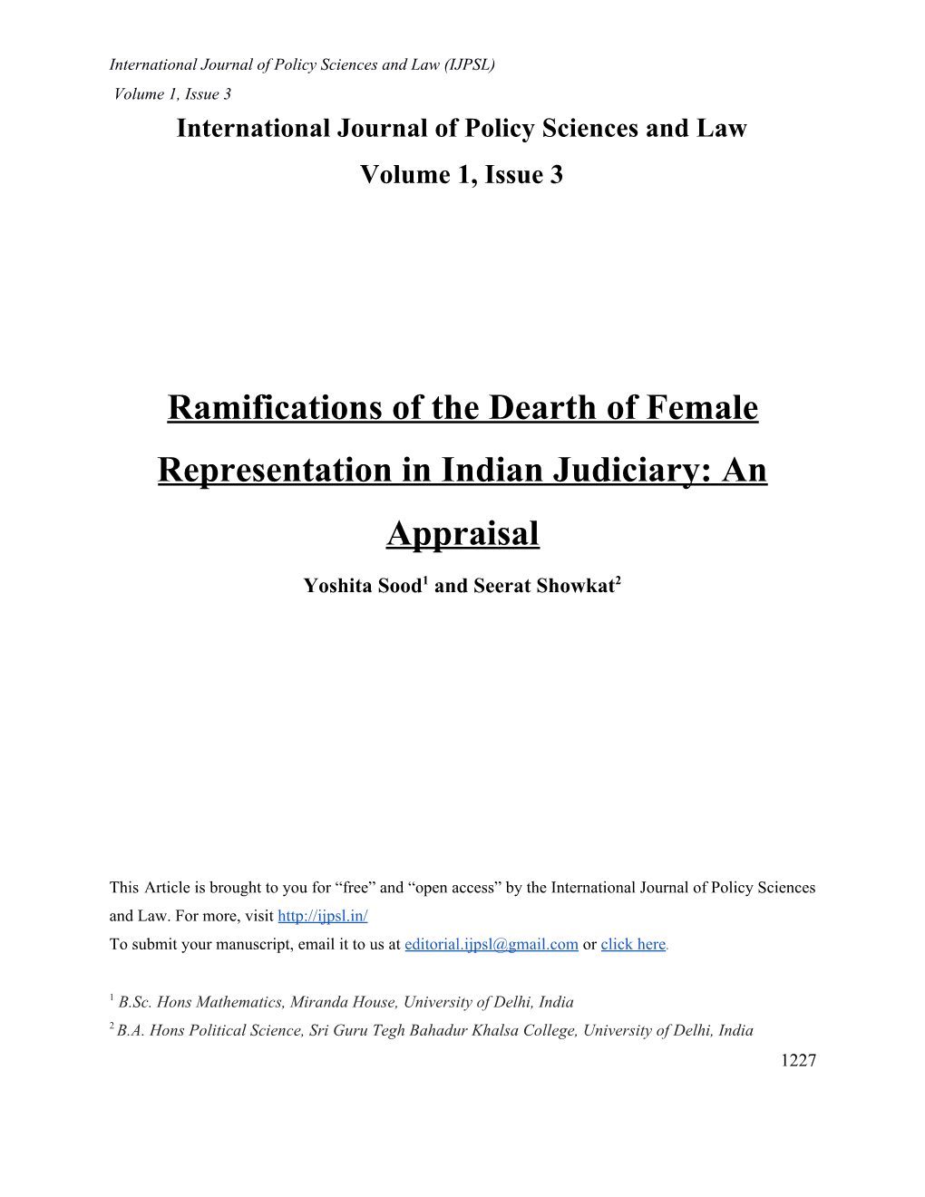 Ramifications of the Dearth of Female Representation in Indian Judiciary: an Appraisal