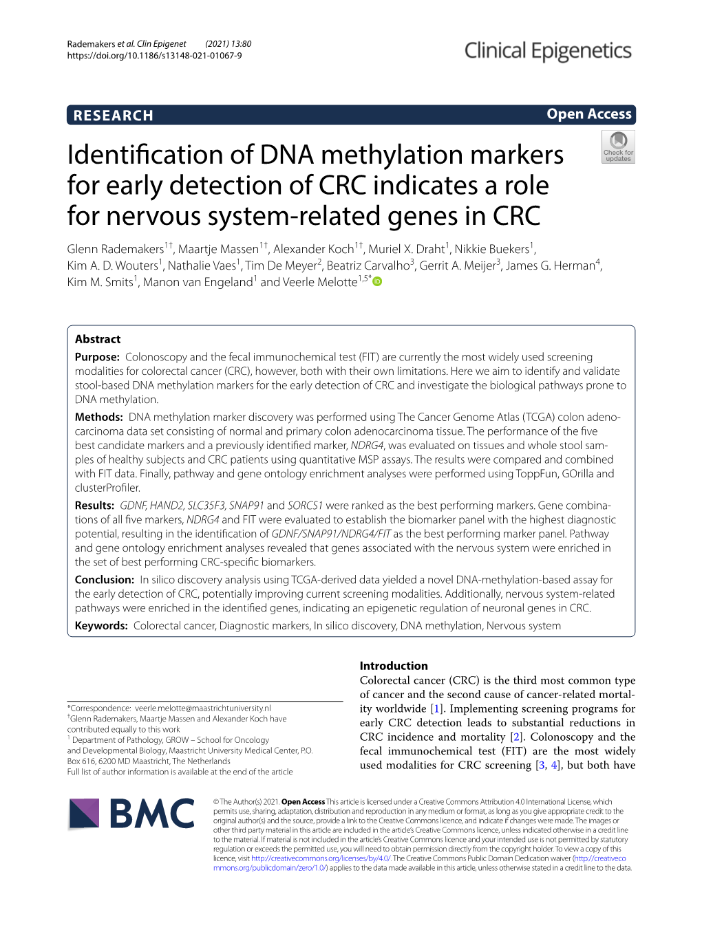 Identification of DNA Methylation Markers for Early Detection of CRC Indicates a Role for Nervous System-Related Genes In