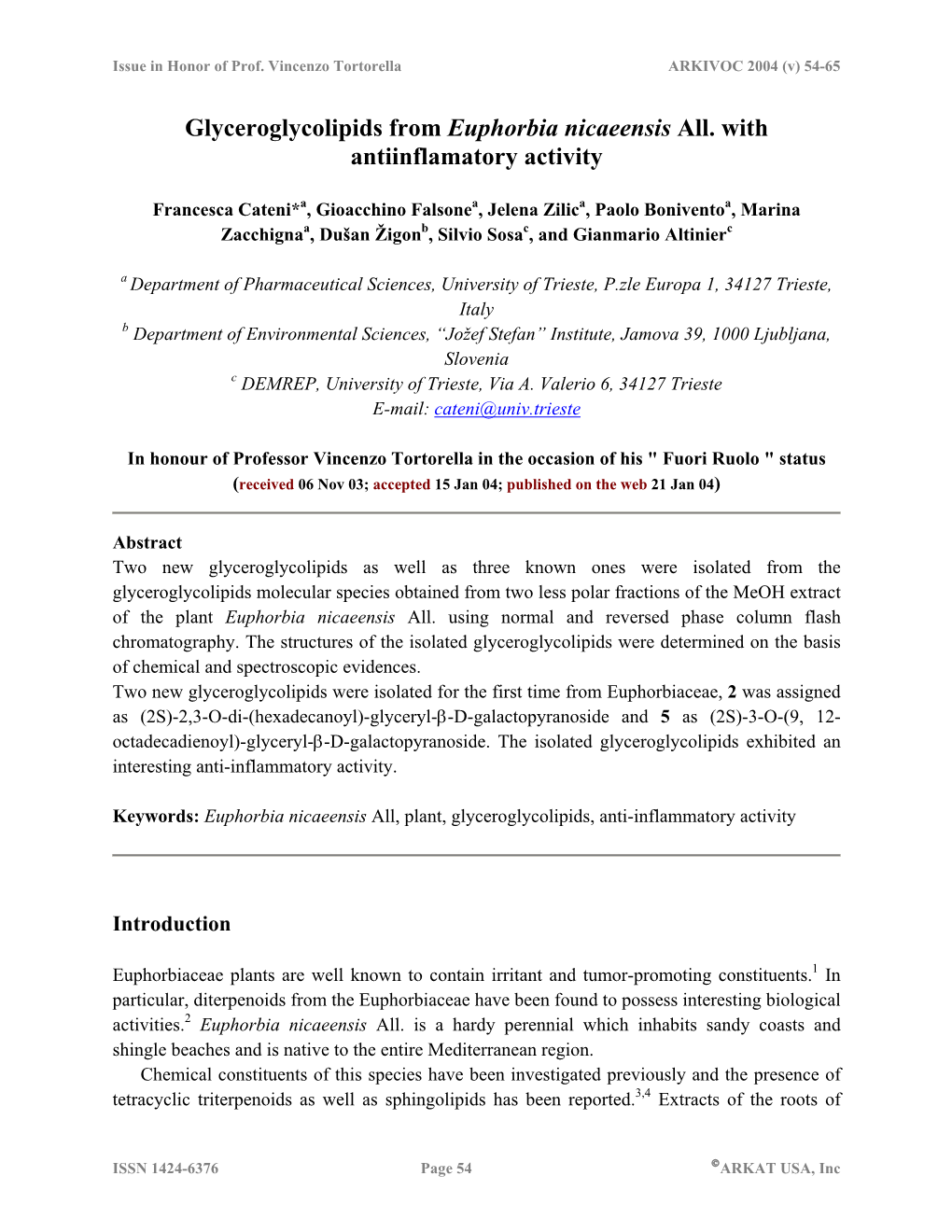 Glyceroglycolipids from Euphorbia Nicaeensis All. with Antiinflamatory Activity