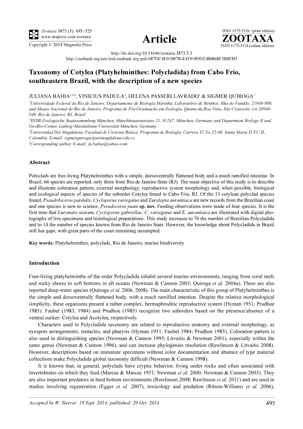 Platyhelminthes: Polycladida) from Cabo Frio, Southeastern Brazil, with the Description of a New Species