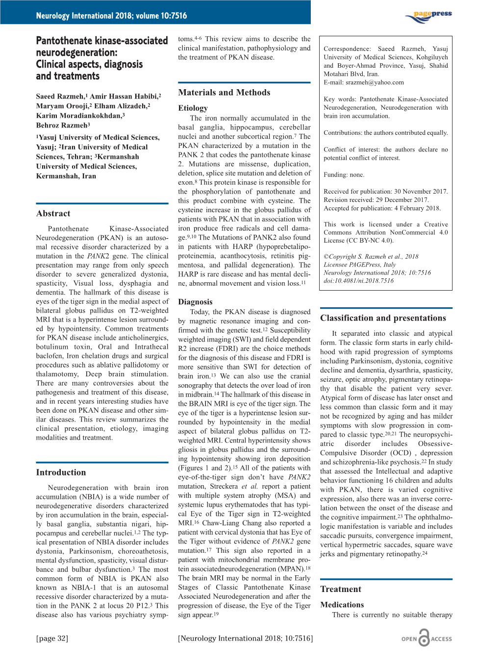 Pantothenate Kinase-Associated Neurodegeneration