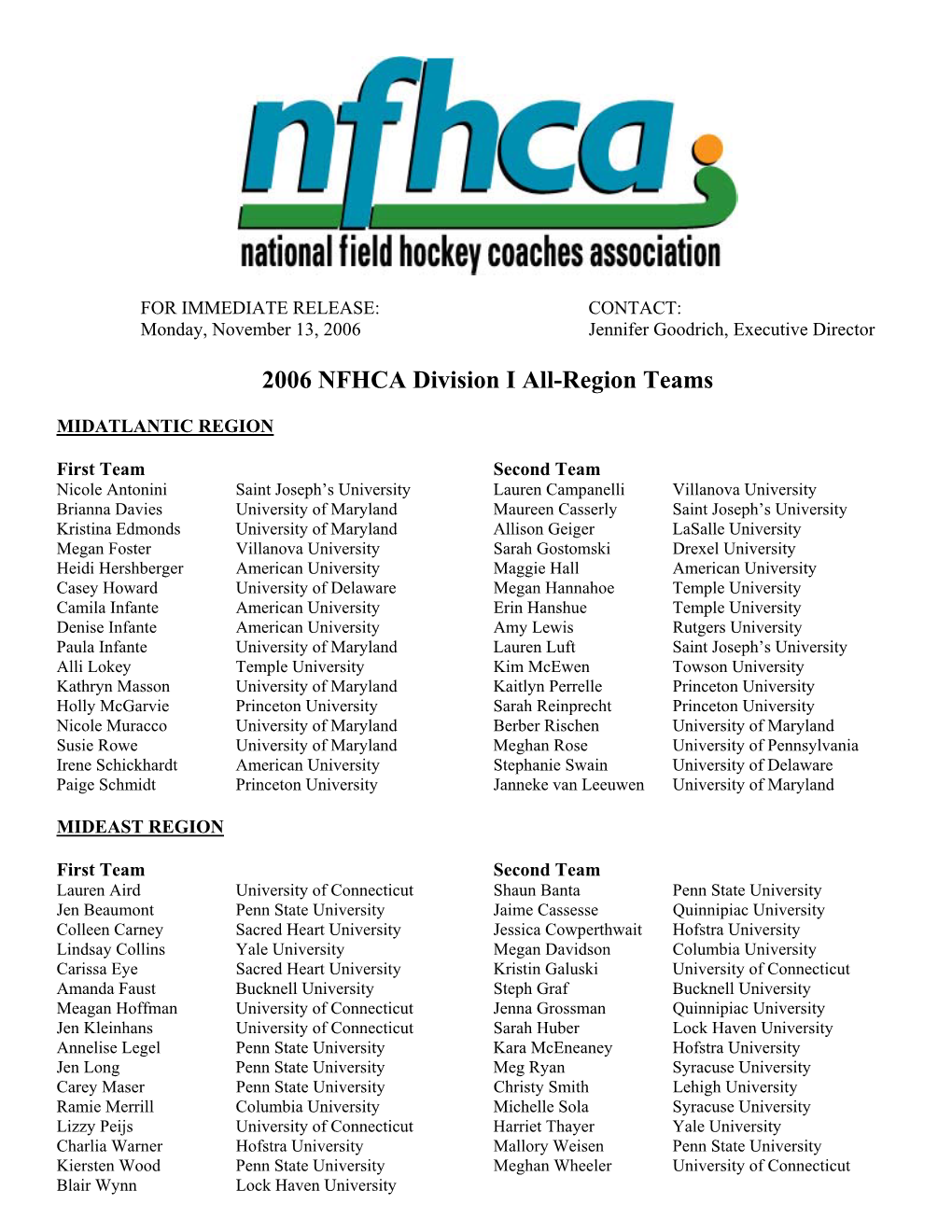 2006 NFHCA Division I All-Region Teams