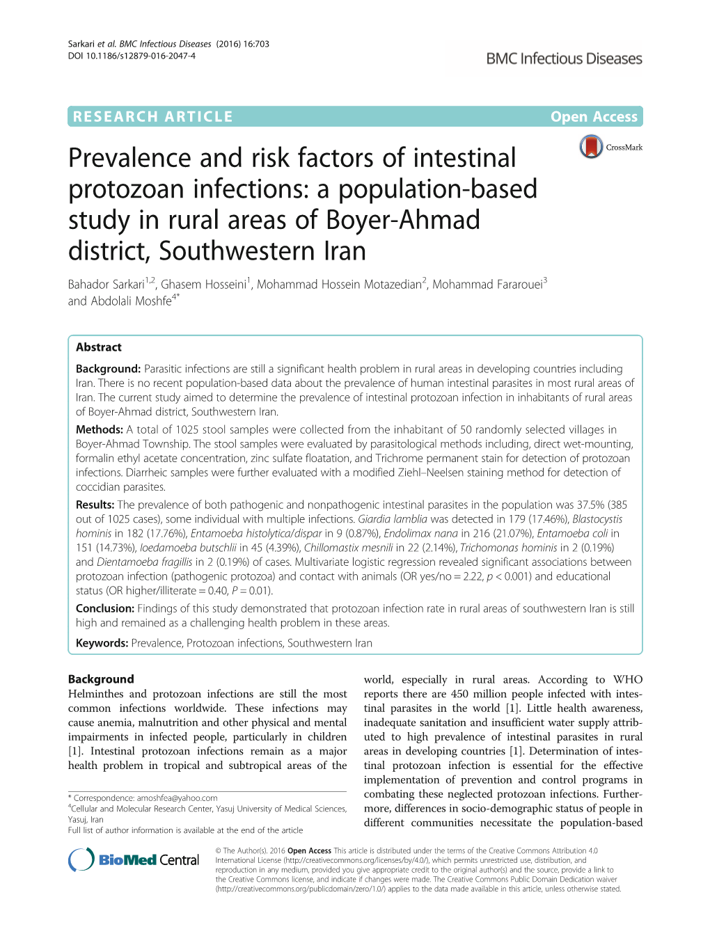 Prevalence and Risk Factors of Intestinal Protozoan Infections