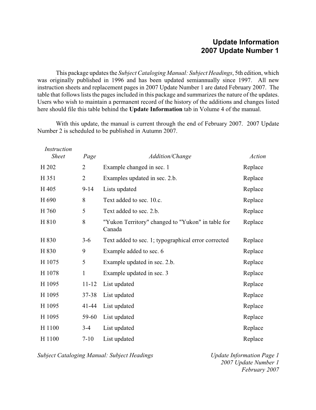 Subject Cataloging Manual: Subject Headings, 2007 Update 1