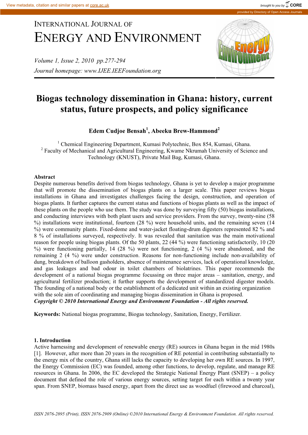 Biogas Technology Dissemination in Ghana: History, Current Status, Future Prospects, and Policy Significance