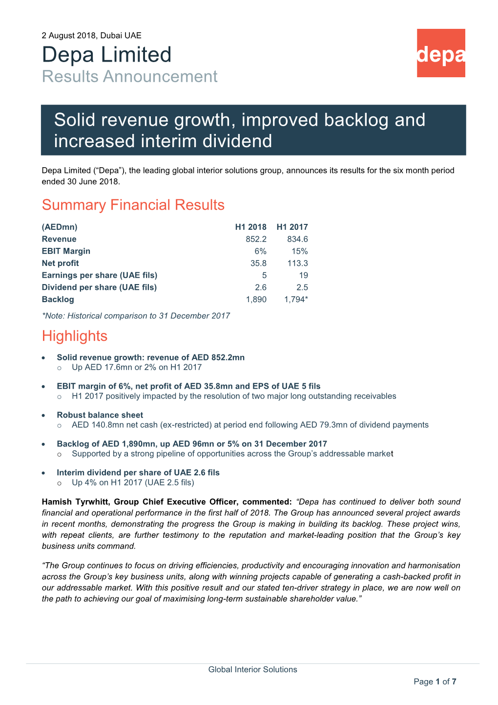 Depa Limited Results Announcement