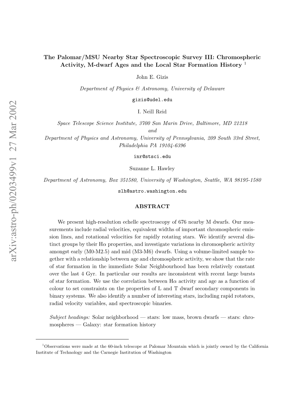 The Palomar/MSU Nearby Star Spectroscopic Survey III