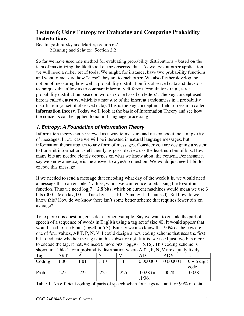 Lecture 6; Using Entropy for Evaluating and Comparing Probability Distributions Readings: Jurafsky and Martin, Section 6.7 Manning and Schutze, Section 2.2