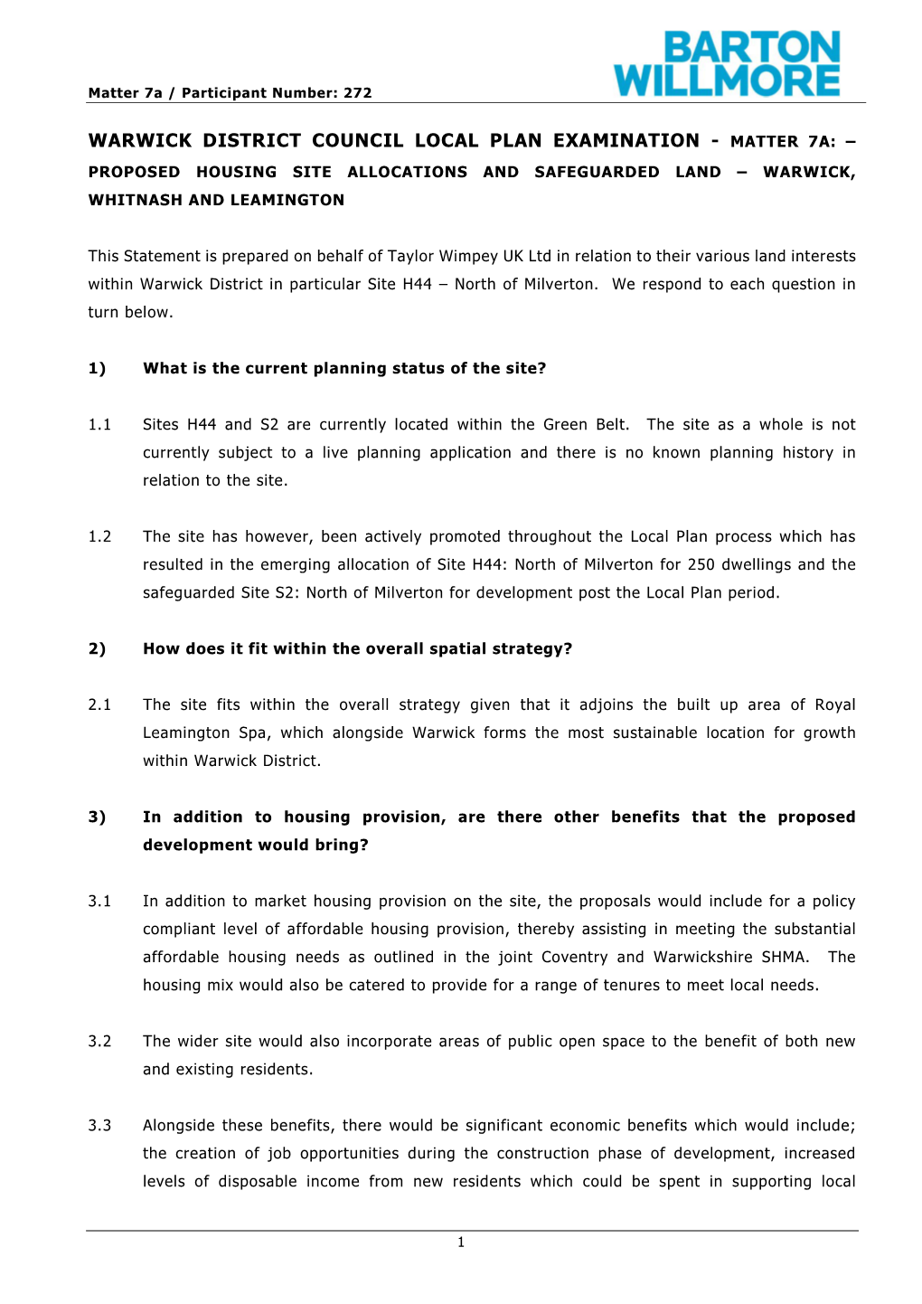 Warwick District Council Local Plan Examination - Matter 7A: – Proposed Housing Site Allocations and Safeguarded Land – Warwick, Whitnash and Leamington