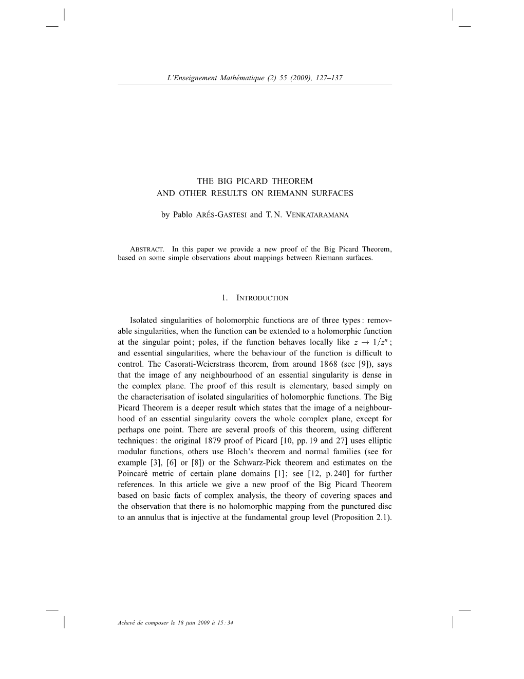 The Big Picard Theorem and Other Results on Riemann Surfaces