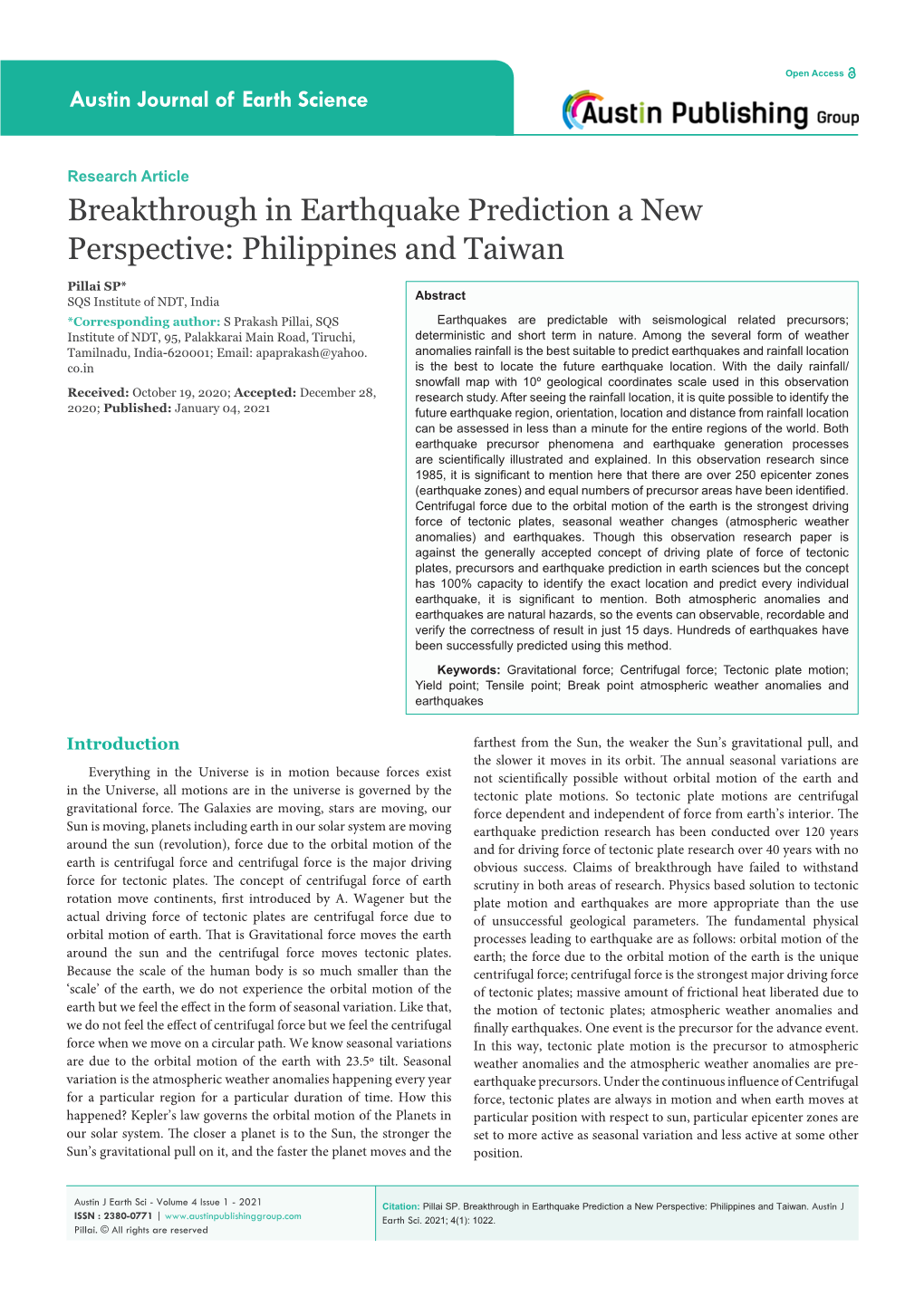 Pillai SP. Breakthrough in Earthquake Prediction a New Perspective: Philippines and Taiwan