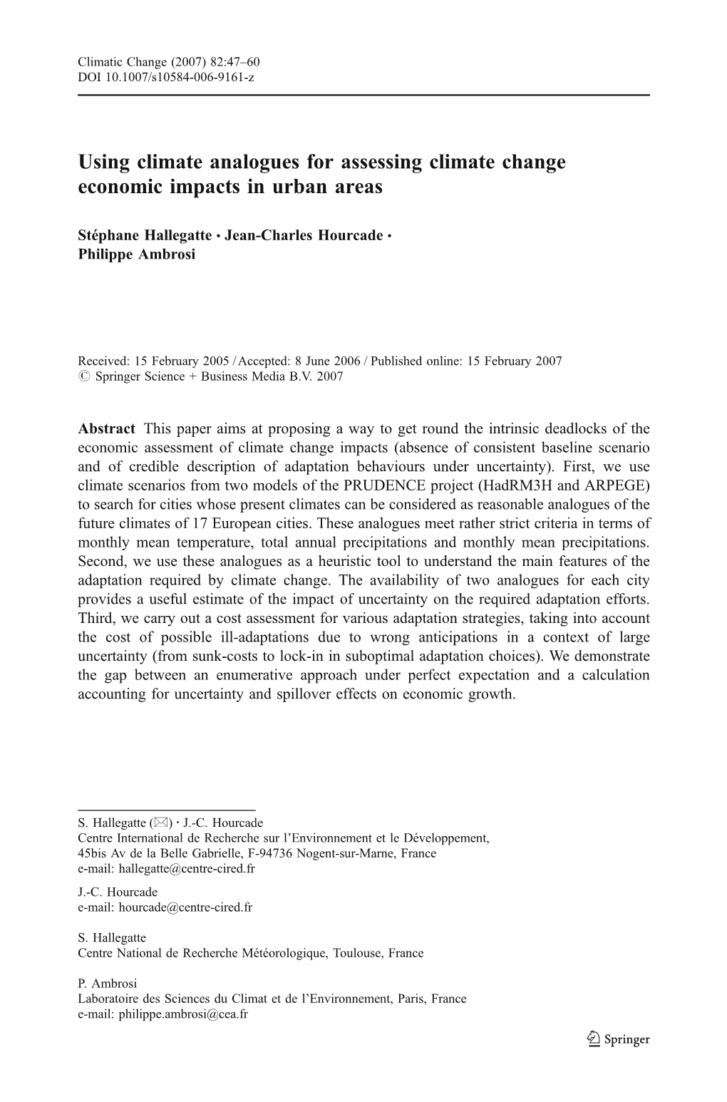 Using Climate Analogues for Assessing Climate Change Economic Impacts in Urban Areas