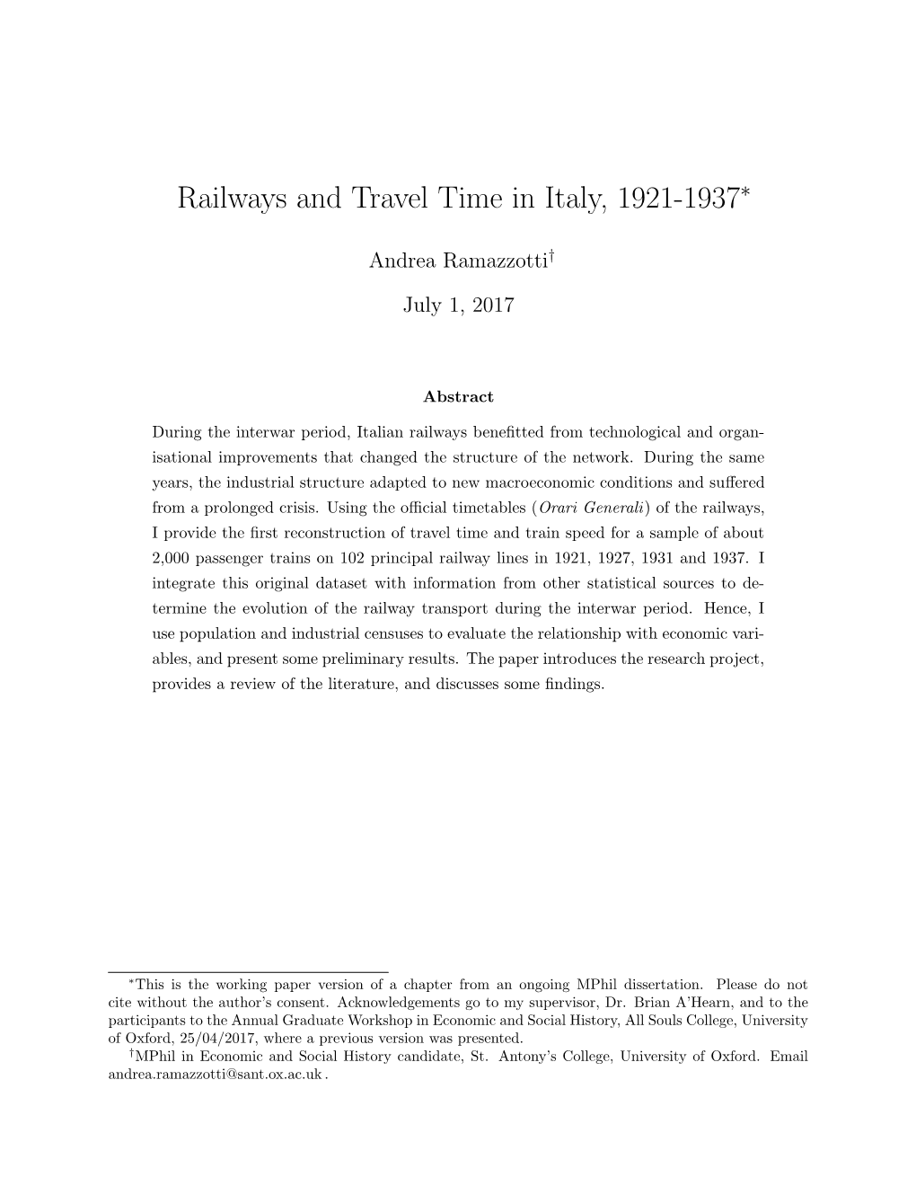 Railways and Travel Time in Italy, 1921-1937⇤