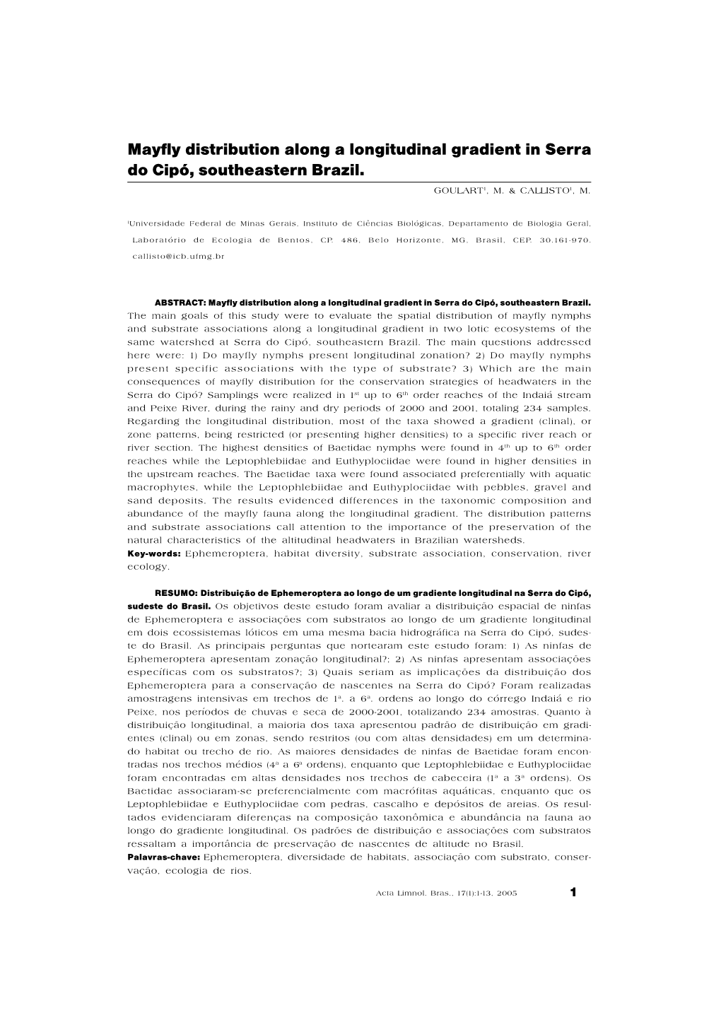 Mayfly Distribution Along a Longitudinal Gradient in Serra Do Cipó, Southeastern Brazil