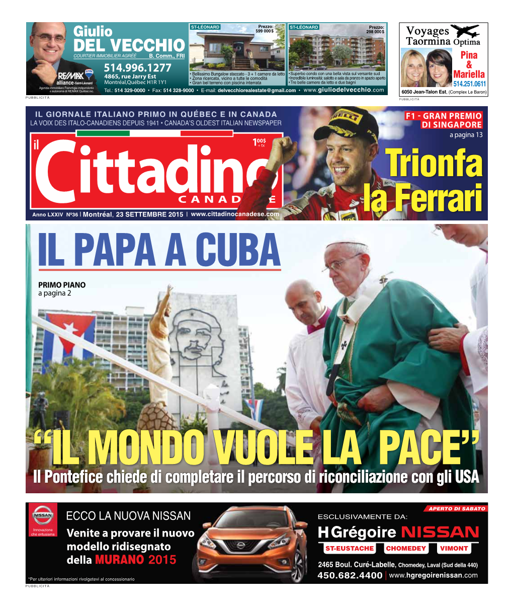 23 Settembre 2015 | La Ferrari Il Papa a Cuba PRIMO PIANO a Pagina 2