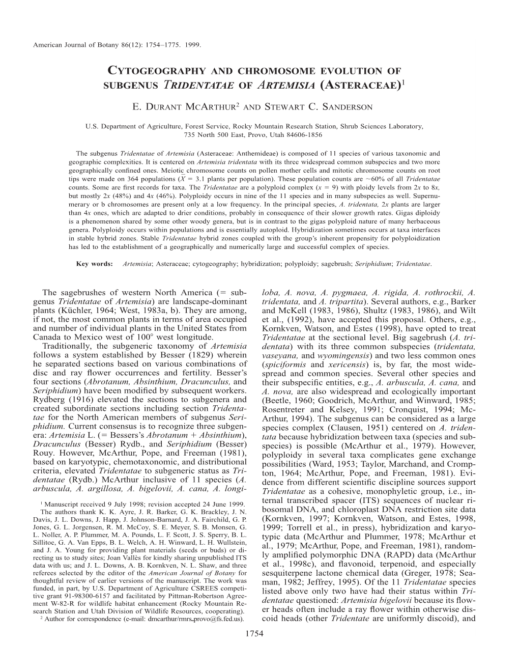 Cytogeography and Chromosome Evolution of Subgenus Tridentatae of Artemisia (Asteraceae)1