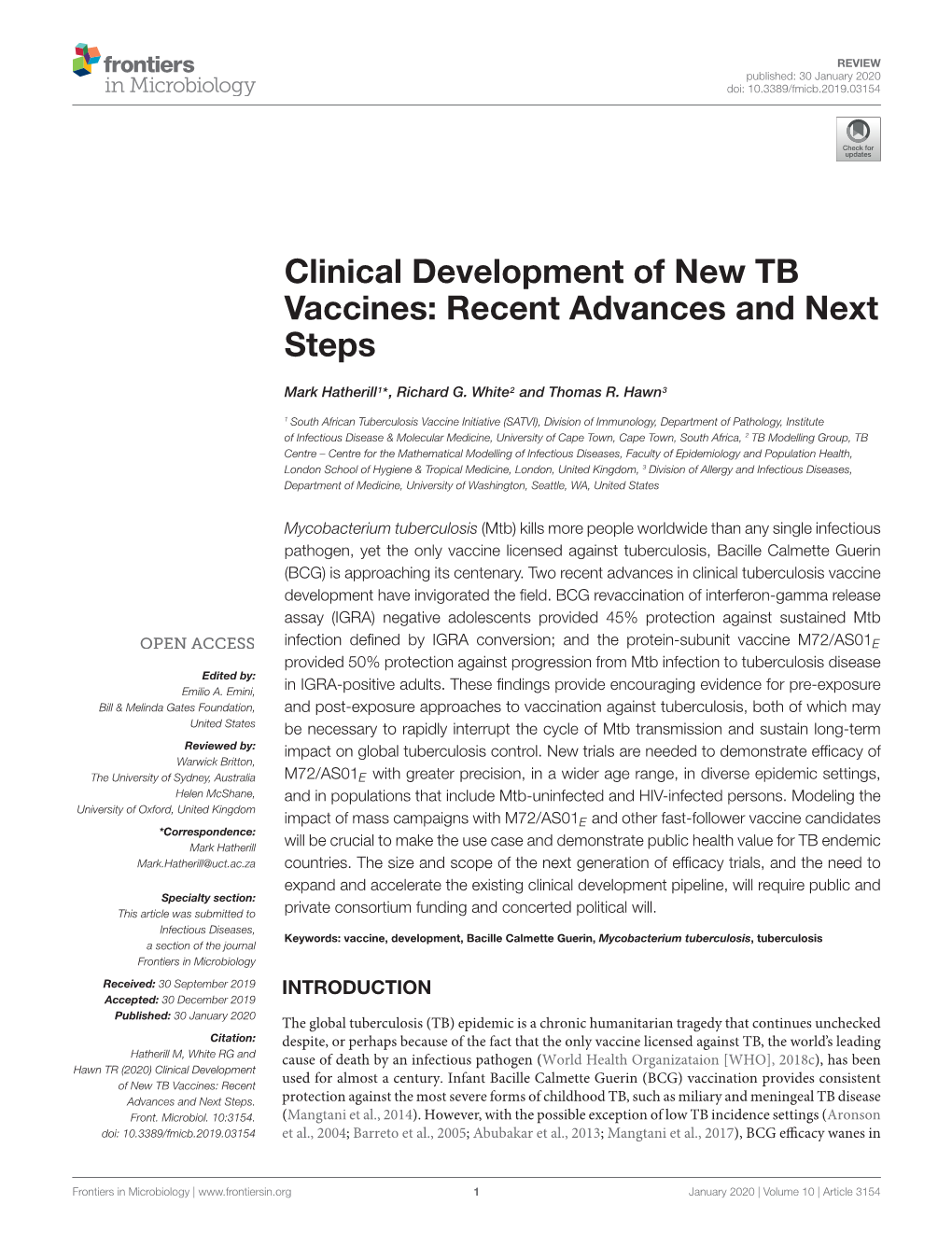 Clinical Development of New TB Vaccines: Recent Advances and Next Steps