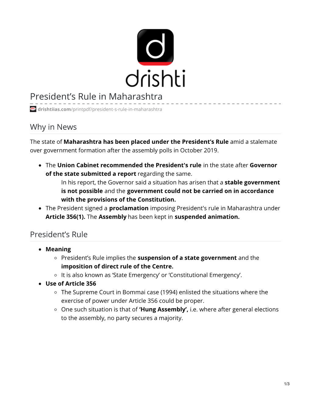 President's Rule in Maharashtra Under Article 356(1)